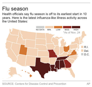 Map of influenza-like illness activity in the United States.