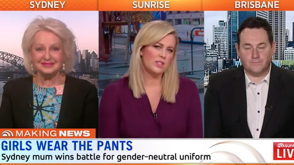 Sunrise guests Prue MacSween and Ben Davis said it made sense to introduce gender neutral-uniforms. Source: Daily Telegraph/Sunrise