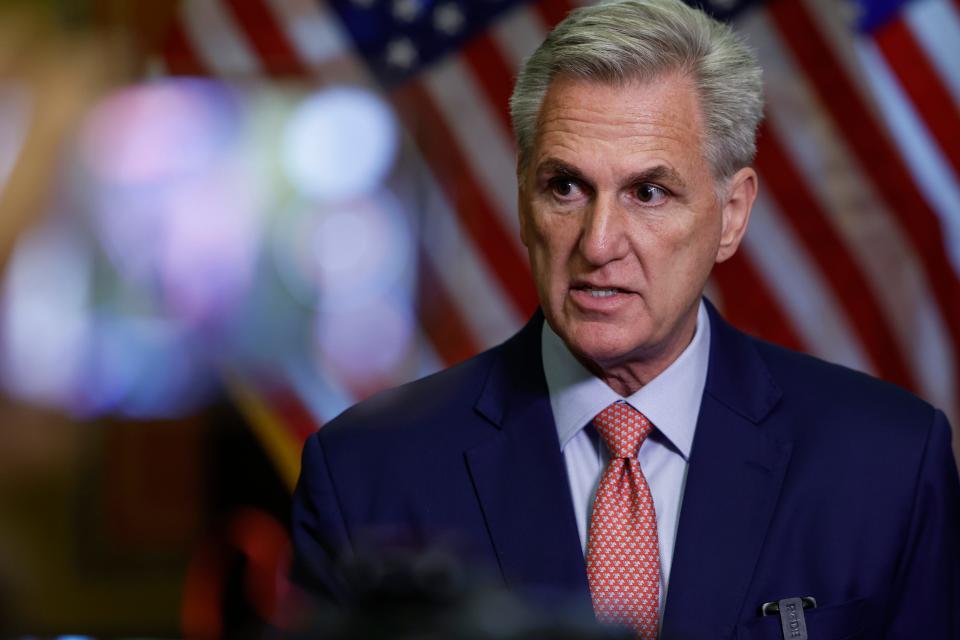 U.S. Speaker of the House Kevin McCarthy, R-Calif., speaks to reporters outside the Speakers Balcony at the U.S. Capitol Building on July 25, 2023 in Washington, DC.