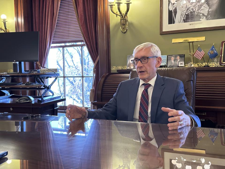 Wisconsin Gov. Tony Evers speaks with The Associated Press in his state Capitol office in Madison, Wis. office Wednesday, Jan. 3, 2024, about what President Joe Biden must do to win the battleground state in November. (AP Photo/Todd Richmond)