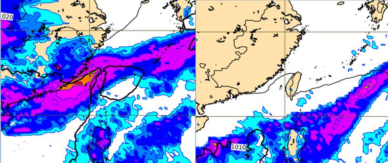 最新歐洲（ECMWF）模式，模擬14日20時雨量圖顯示，雨帶籠罩全台（左圖）；模擬下週三（18日）8時雨量圖顯示，雨帶南移至巴士海峽（右圖）。