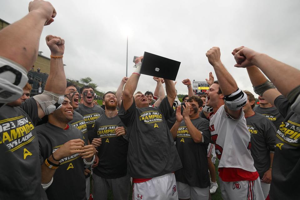 Utah players celebrate their victory over Air Force in the ASUN Men’s Lacrosse Championship at Joe Walton Stadium on May 7, 2023. | Justin Berl, for the ASUN courtesy of University of Utah Athletics