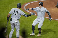 New York Yankees' Josh Donaldson, right, celebrates with Joey Gallo after hitting a solo home run off Pittsburgh Pirates starting pitcher Mitch Keller during the sixth inning of a baseball game in Pittsburgh, Wednesday, July 6, 2022. (AP Photo/Gene J. Puskar)