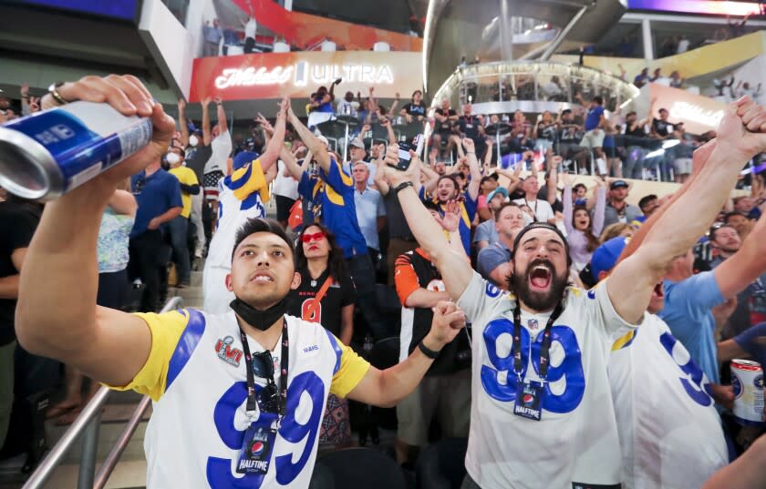 Inglewood, CA - February 13: Los Angeles Rams fans cheer during the second half in Super Bowl LVI at SoFi Stadium on Sunday, Feb. 13, 2022 in Inglewood, CA. (Brian van der Brug / Los Angeles Times)