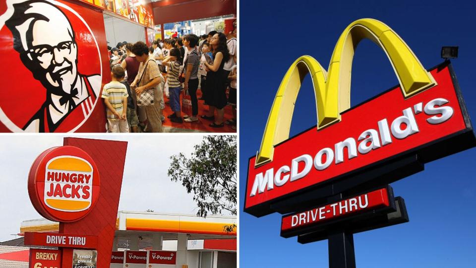 Signs for KFC, Hungry Jack's and McDonalds. (Images: Getty)