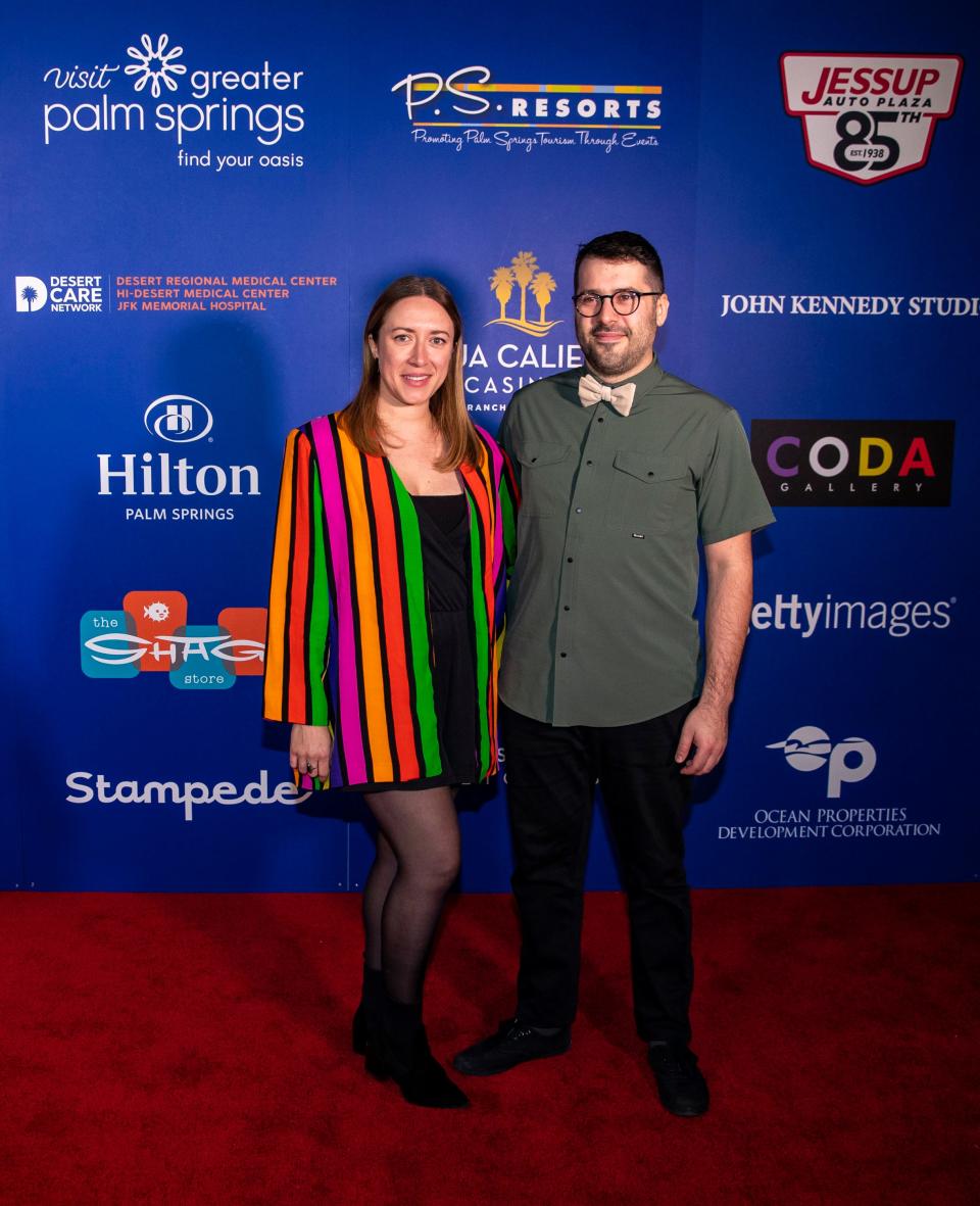 Director Ariane Louis-Seize and cinematographer Shawn Palvin of "HUMANIST VAMPIRE SEEKING CONSENTING SUICIDAL PERSON" pose together on the red carpet for opening night of the Palm Springs International Film Festival at the Richards Center for the Arts at Palm Springs High School in Palm Springs, Calif., Friday, Jan. 5, 2024.