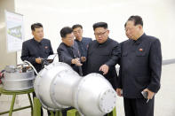 FILE - In this undated image distributed on Sept. 3, 2017, by the North Korean government, shows North Korean leader Kim Jong Un at an undisclosed location. The content of this image is as provided and cannot be independently verified. (Korean Central News Agency/Korea News Service via AP, File)
