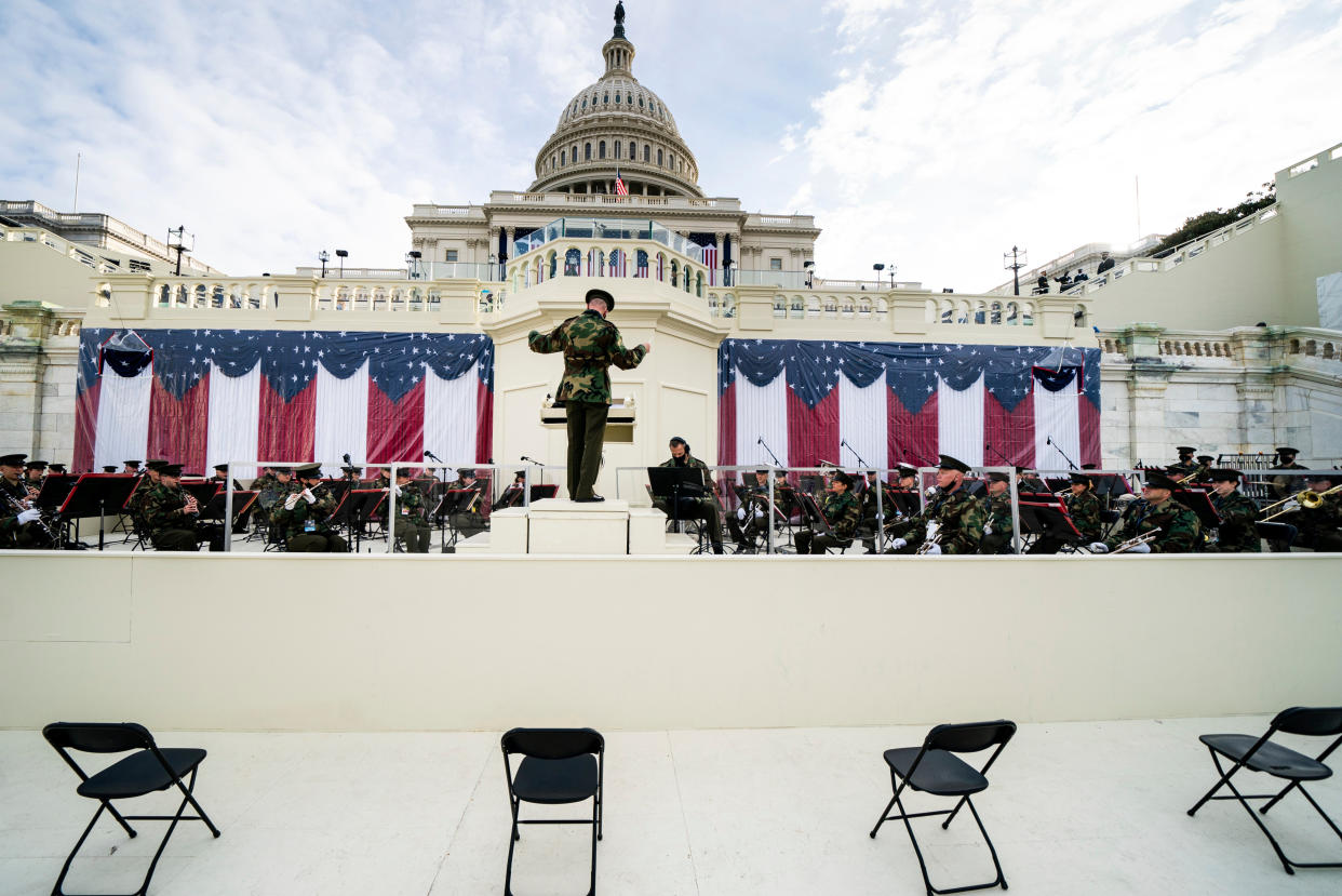 <p>Members of the military band participate in a dress rehearsal for the 59th inaugural ceremony for President-elect Joe Biden and Vice President-elect Kamala Harris at the Capitol</p> (AP)