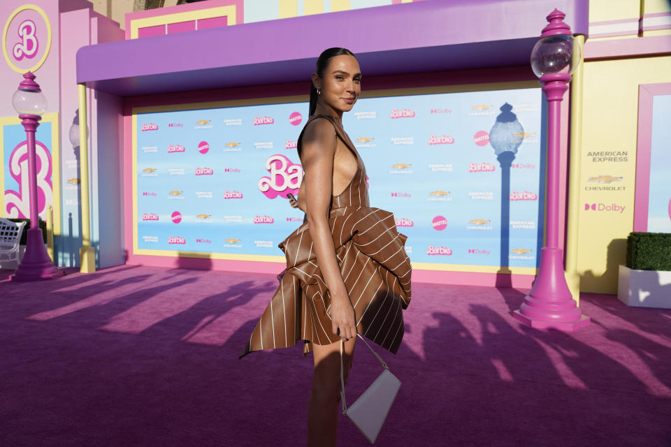 Gal Gadot arrives at the premiere of "Barbie" on Sunday, July 9, 2023, at The Shrine Auditorium in Los Angeles. (AP Photo/Chris Pizzello)