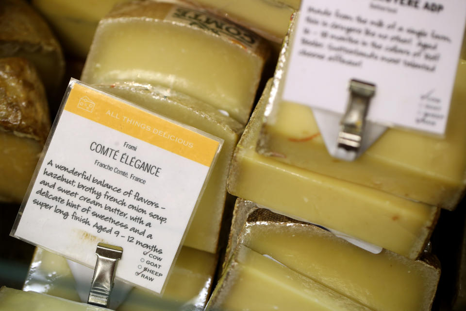 SAN FRANCISCO, CALIFORNIA - AUGUST 26: Cheese imported from France is displayed at Cheese Plus on August 26, 2019 in San Francisco, California. The United States has proposed retaliatory tariffs on several European products including cheese, olive oil, and wine that could be as much as 100 percent. The tariffs are in response to the European Union's subsidies to European aircraft manufacturer Airbus. Tariffs could  (Photo by Justin Sullivan/Getty Images)