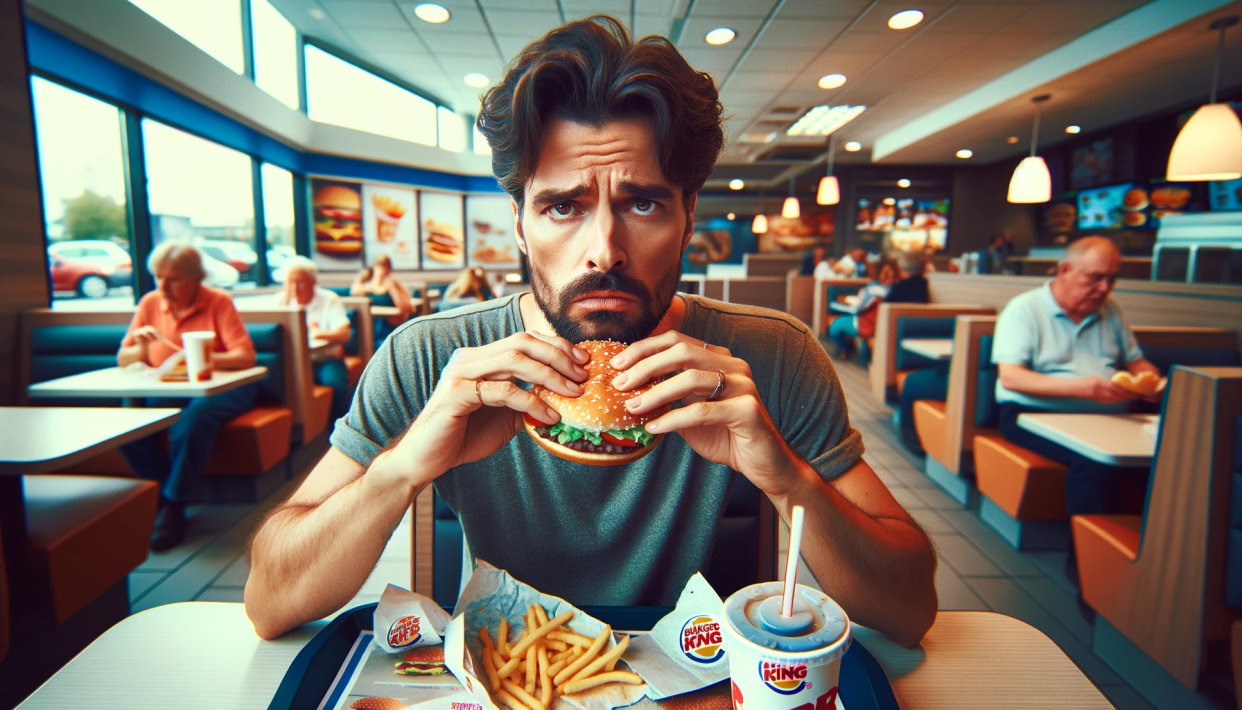 AI-generated image of person eating a Whopper at Burger King