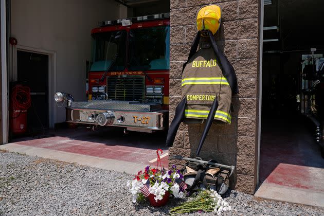 Flowers and a tribute to fallen firefighter Corey Comperatore are pictured at the Buffalo Township Volunteer Fire Company in Buffalo Township, Pennsylvania, on July 15. Comperatore was shot and killed at the Trump rally in Butler, Pennsylvania, on July 13.