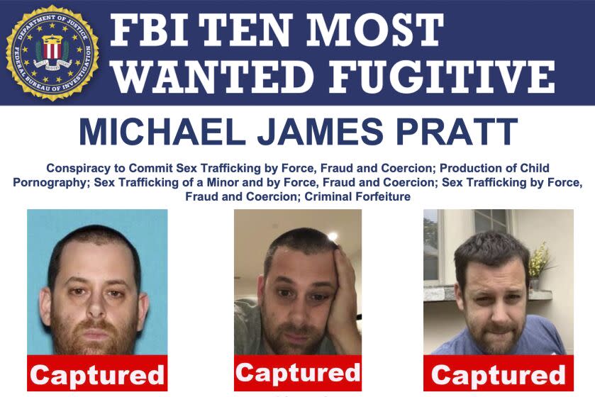 This image made available by the U.S. Federal Bureau of Investigation shows three photos of Michael James Pratt, the founder of a California-based porn empire that coerced young women into filming adult videos. The FBI says Pratt, who was on its Ten Most Wanted list, was arrested Wednesday, Dec. 21, 2022, in Madrid, three years after he fled while facing federal charges of sex trafficking and producing child pornography. (FBI via AP)