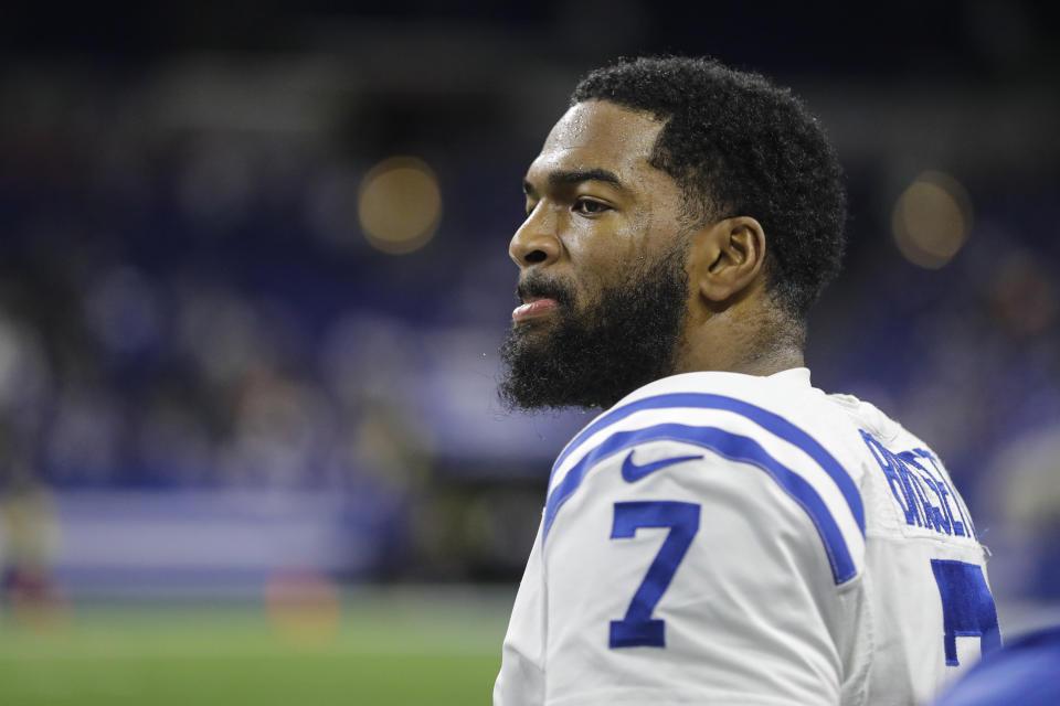 FILE - In this Dec. 1, 2019, file photo, Indianapolis Colts quarterback Jacoby Brissett (7) is shown on the sideline during the second half of an NFL football game against the Tennessee Titans in Indianapolis. Brissett's role has changed. Indianapolis Colts coach Frank Reich doesn't believe anything else will with his now backup quarterback. Brissett lost the starting job two weeks ago when the Colts agreed to sign free agent Philip Rivers to a one-year contract. (AP Photo/Darron Cummings, File)