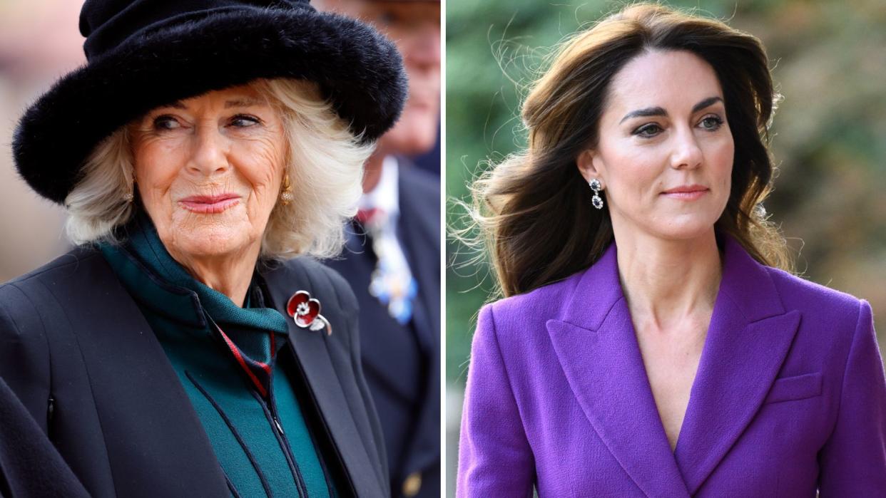 Queen Camilla and Kate's relationship 'one step removed', according to an expert. Seen here are Queen Camilla at the Field of Remembrance and the Princess of Wales at the Shaping Us National Symposium. 