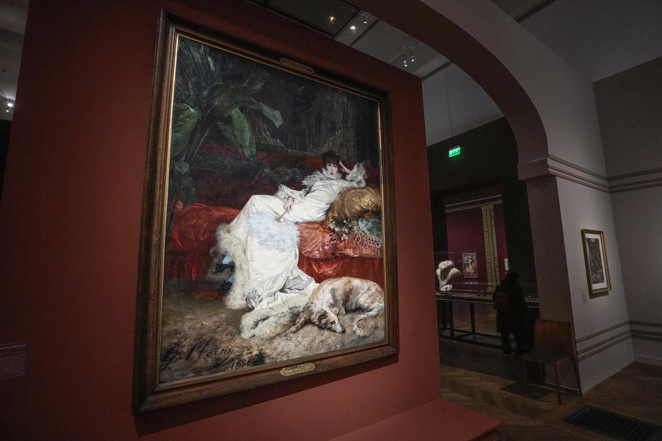 A portrait of actress Sarah Bernhardt painted by Georges Clairin, 1876, is exhibited at the "Sarah Bernhardt, and the woman created the star" exhibition at the Petit Palais museum in Paris, Friday, April 28, 2023. Inside Paris’ Petit Palais museum, the public is now discovering the madcap jigsaw puzzle of gothic stories, costumes, recordings, films, photos, jewels, sculptures, and personal objects for the first time together that made the unclassical beauty the object of fascination from Berlin, to London and New York. (AP Photo/Michel Euler)