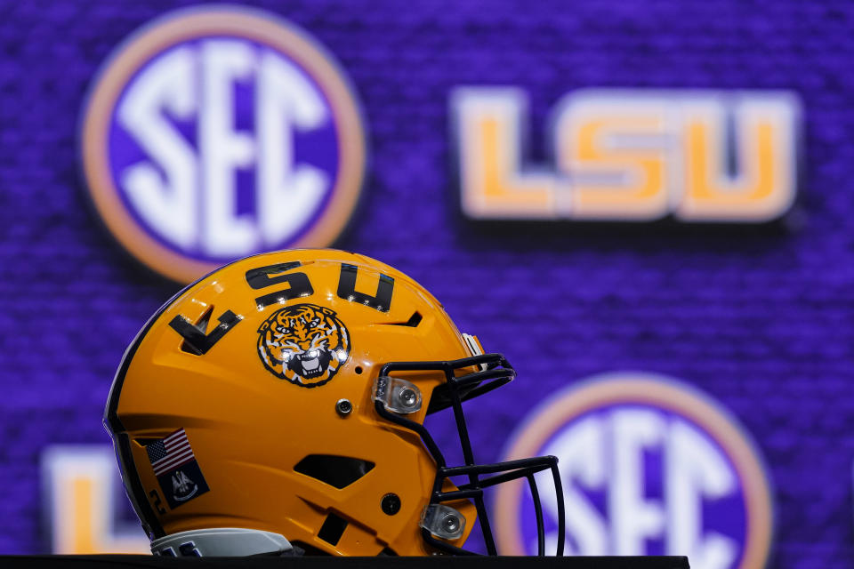 Jul 18, 2022; Atlanta, GA; LSU Tigers helmet on the stage during SEC Media Days at the College Football Hall of Fame. Dale Zanine-USA TODAY Sports