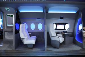 Gentex’s aircraft mockup features fully functioning dimmable windows and cabin partitions; passenger smart-lighting that automatically optimizes illumination for various in-flight activities like reading, dining, or computer work; biometric systems for personalizing the in-flight experience; and in-cabin particulate and chemical sensors for monitoring cabin air quality.