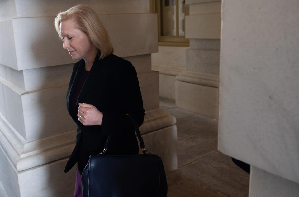 US Senator Kirsten Gillibrand, Democrat of New York, leaves after a vote related to a bill in response to COVID-19, the novel coronavirus, at the US Capitol in Washington, DC, March 18, 2020. - The US Senate easily passed a $100 billion emergency package on March 18 to help American workers hit hard financially by the coronavirus crisis. (Photo by SAUL LOEB / AFP) (Photo by SAUL LOEB/AFP via Getty Images)