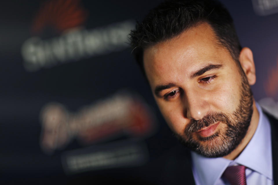 FILE - In this Nov. 13, 2017, file photo, Alex Anthopoulos speaks to reporters following a news conference introducing him as the new general manager of the Atlanta Braves baseball team in Atlanta. Anthopoulos says he hasn’t ruled out signing a free agent but says he doesn’t want to block prospects in the team’s rebuilding process by adding a long-term contract. (AP Photo/David Goldman, File)