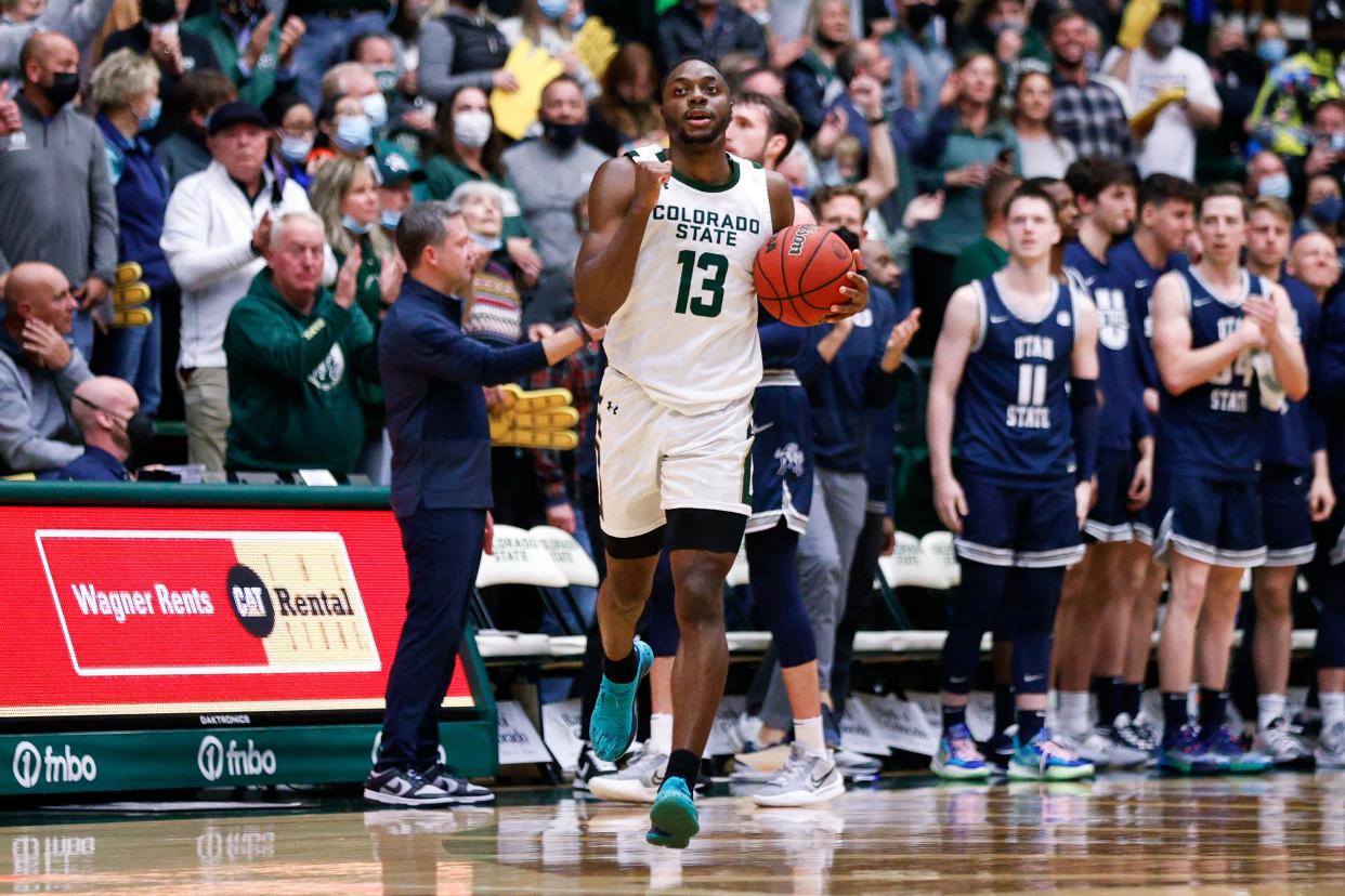 Colorado State Rams guard Chandler Jacobs (13) reacts after a play in the second half against the Utah State Aggies at Moby Arena on Jan. 12, 2022 in Fort Collins.