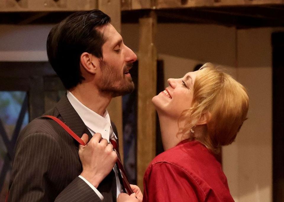 Mark Roderick and Missy Potash in a scene from the English farce, "Noises Off," now at the Academy Playhouse in Orleans.
