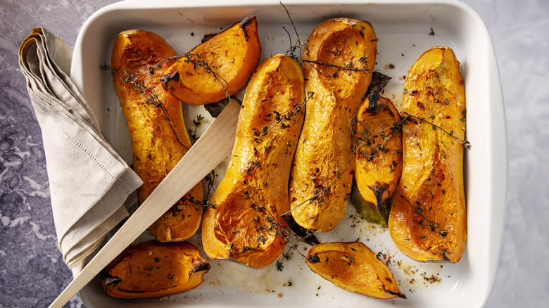 Roasted butternut squash in baking dish