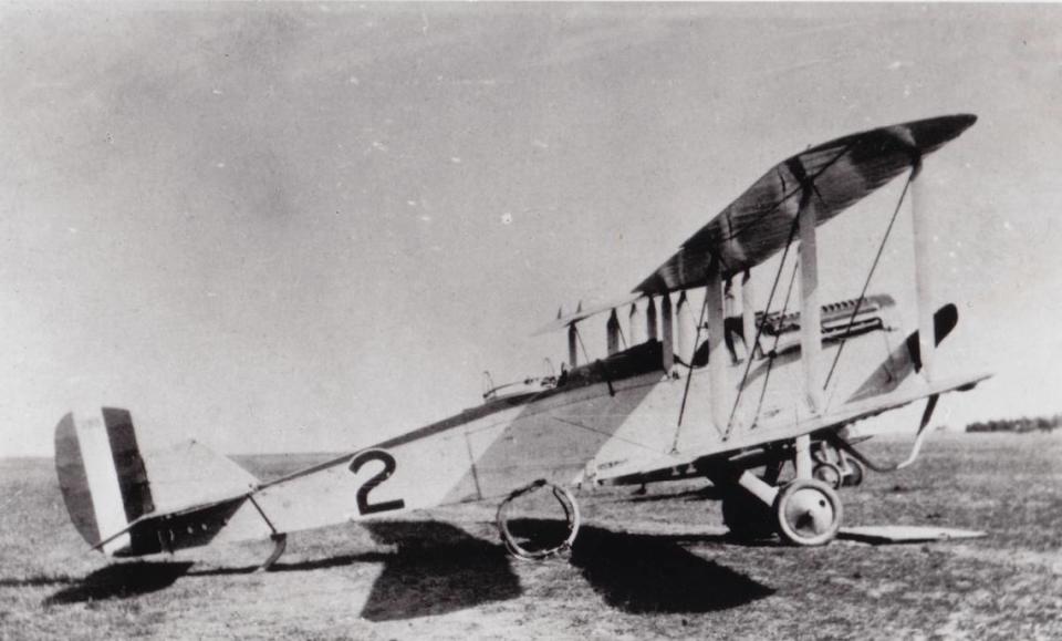The Haviland DH-4 that was assigned to Erwin Bleckley and Harold Goettler when they flew their first mission in search of the Lost Battalion on October 6, 1918. The plane was badly damaged so they borrowed a different plane for their fatal flight later that day.