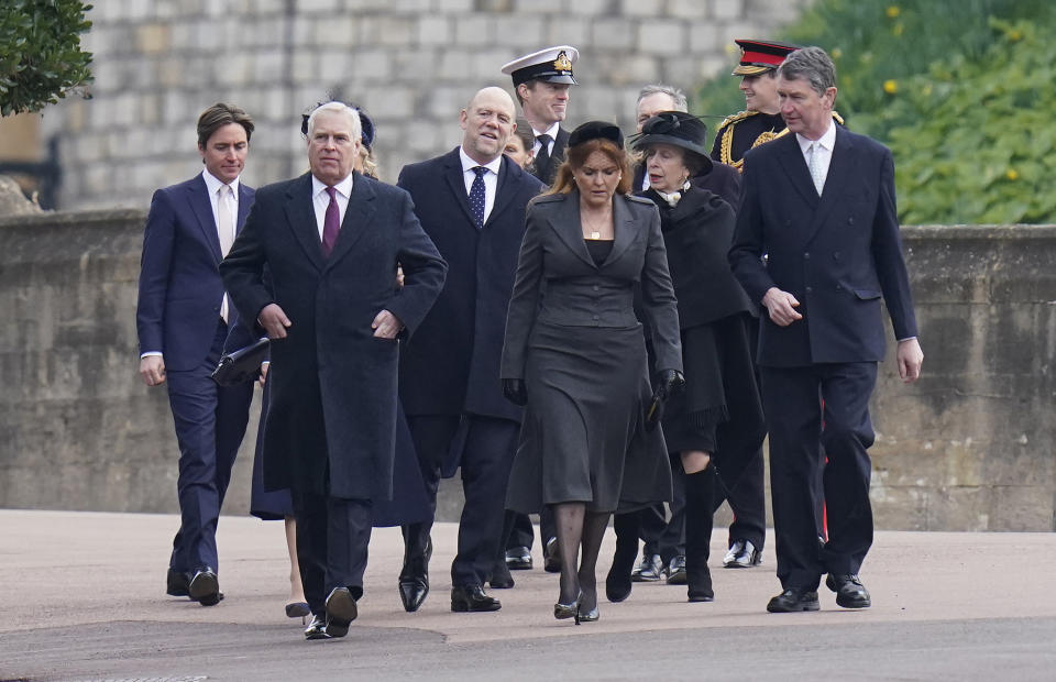 WINDSOR, ENGLAND - FEBRUARY 27: (L-R) Edoardo Mapelli Mozzi, Prince Andrew, Duke of York, Mike Tindall, Sarah, Duchess of York, Anne, Princess Royal and Vice Admiral Sir Timothy Laurence attend the Thanksgiving Service for King Constantine of the Hellenes at St George's Chapel on February 27, 2024 in Windsor, England. Constantine II, Head of the Royal House of Greece, reigned as the last King of the Hellenes from 6 March 1964 to 1 June 1973, and died in Athens at the age of 82. (Photo by Andrew Matthews - WPA Pool/Getty Images)