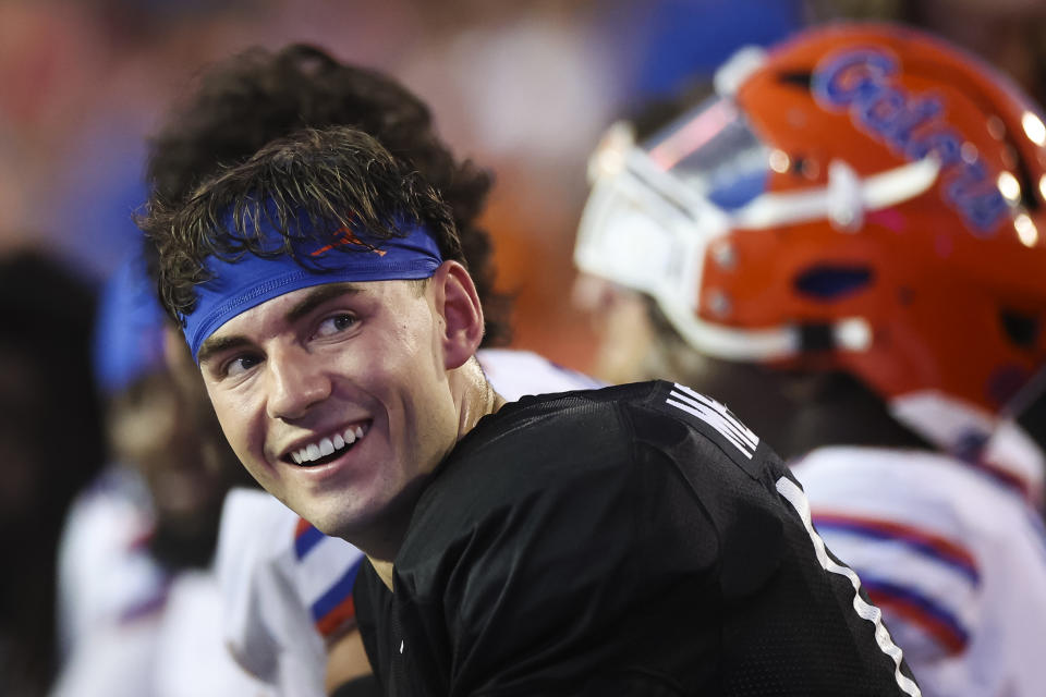 GAINESVILLE, FLORIDA - APRIL 13: Graham Mertz #15 looks on during the second half of the Florida Gators spring football game at Ben Hill Griffin Stadium on April 13, 2023 in Gainesville, Florida. (Photo by James Gilbert/Getty Images)