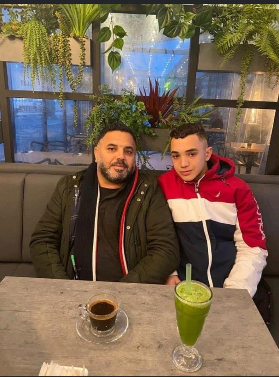 Muamar Orabi Nakhla with his son Amal, who turned 18 in Israeli prison in January 2022. Amal has myasthenia gravis, a rare neuromuscular disorder that causes such severe muscle fatigue that it can be hard to breathe or swallow food. When he had a lung tumor removed in July 2020, the family was told he needed regular check-ins with both an oncologist and a neurologist to adjust his medication.