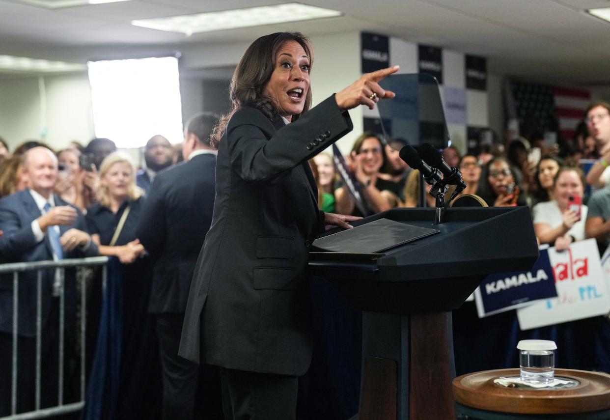 Kamala Harris speaks at her campaign headquarters in Wilmington, Del., on July 22, 2024.