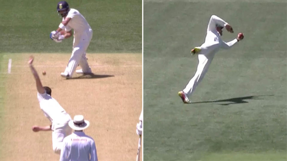 Usman Khawaja dismisses Virat Kohli with an incredible diving catch. Pic: Seven