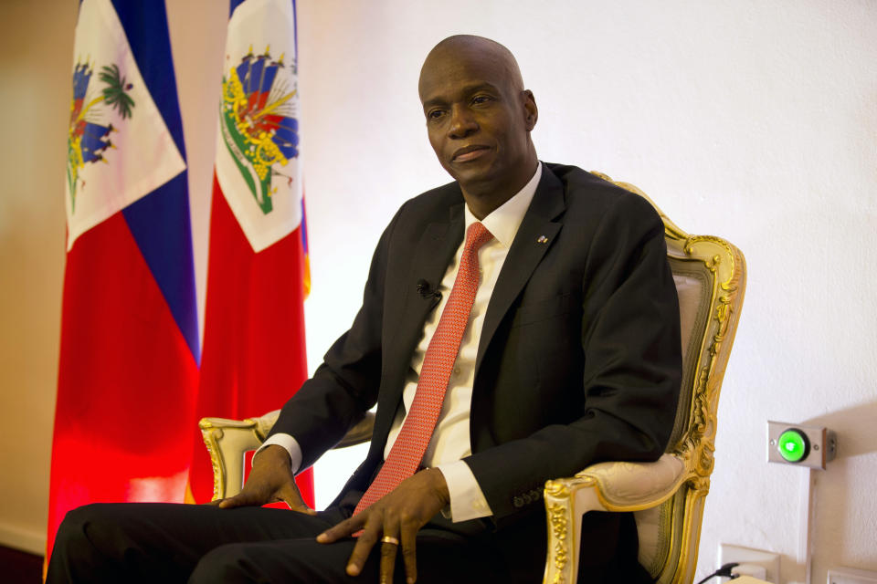 Haiti's President Jovenel Moise pauses during an interview in his office in Port-au-Prince, Haiti, Wednesday, Aug. 28, 2019. Moise told The Associated Press Wednesday that he will serve out his term despite rising violence, poor economic performance and months of protests over unresolved allegations of corruption in his predecessor’s administration. (AP Photo/Dieu Nalio Chery)