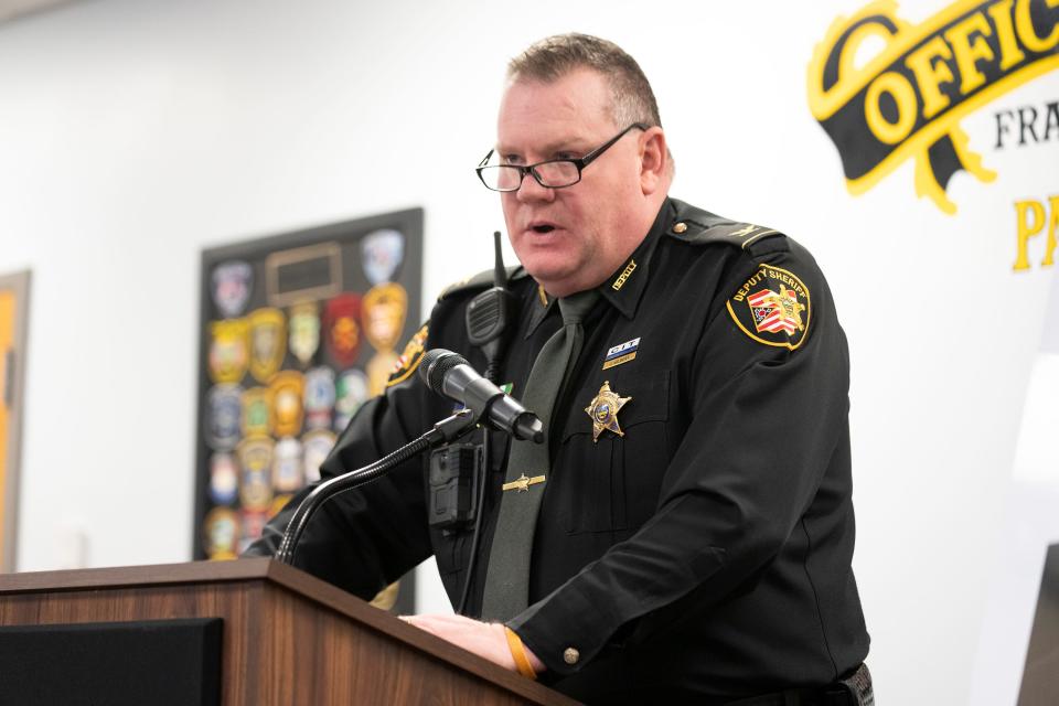 Dec 19, 2023; Columbus, Ohio, US; Franklin County Sheriff's Office Chief Deputy Jim Gilbert speaks during a press conference announcing "Operation Holiday Remembrance" at the Franklin County Sheriff's office patrol bureau. Operation Holiday Remembrance brings attention to Hit and Skip accidents that were never resolved and the victims of those incidents.