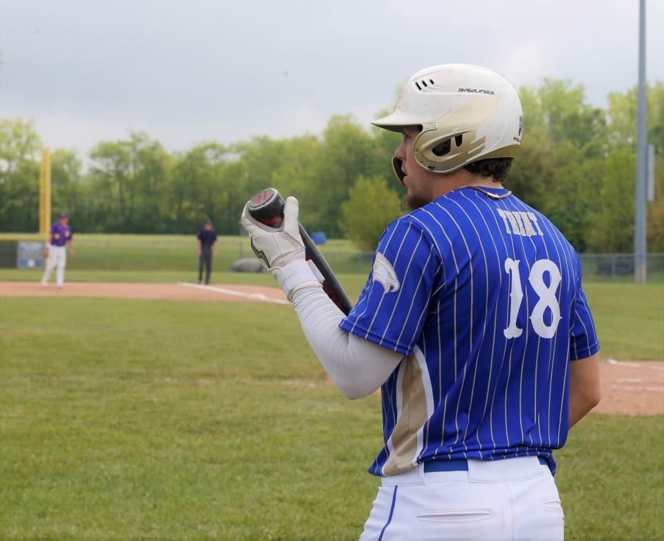 Lincoln senior Gavin Trent stands in the on-deck circle during a Wayne County Tournament game against Hagerstown May 13, 2023.