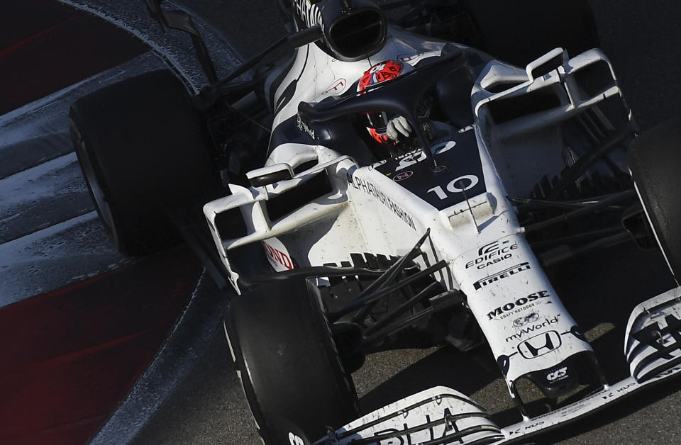 AlphaTauri driver Pierre Gasly of France steers his car during the Russian Formula One Grand Prix, at the Sochi Autodrom circuit, in Sochi, Russia, Sunday, Sept. 27, 2020. (Kirill Kudryavtsev, Pool via AP)