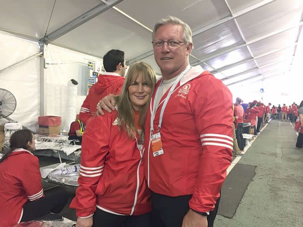PHOTO: Irene Davis and her husband are shown in the medical tent during the 2017 Boston Marathon. (Courtesy Irene Davis)