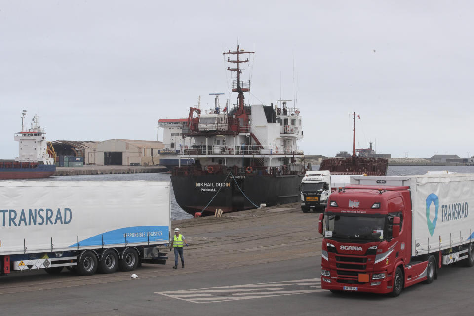 FILE - The ship Mikhail Dudin docks at the port of Dunkirk, northern France, Tuesday, Sept. 13, 2022. The following week, the cargo ship carrying uranium departed from the port and traveled across the North Sea, heading toward the Russian Baltic port of Ust-Luga. It was the third time in just over a month that the Panama-flagged ship docked in Dunkirk to transport uranium from or to Russia. (AP Photo/Michel Spingler, File)