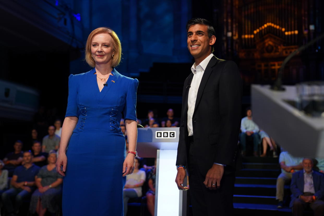 Liz Truss and Rishi Sunak before taking part in the BBC Tory leadership debate live. Our Next Prime Minister, presented by Sophie Raworth, a head-to-head debate at Victoria Hall in Hanley, Stoke-on-Trent, between the Conservative party leadership candidates. Picture date: Monday July 25, 2022.