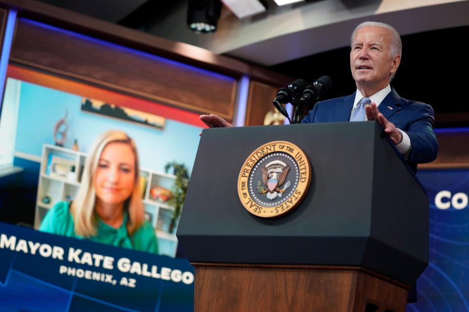 President Joe Biden speaks during an event to announce new measures aimed at helping communities deal with extreme weather, in the South Court Auditorium on the White House Campus, July 27, 2023, in Washington.