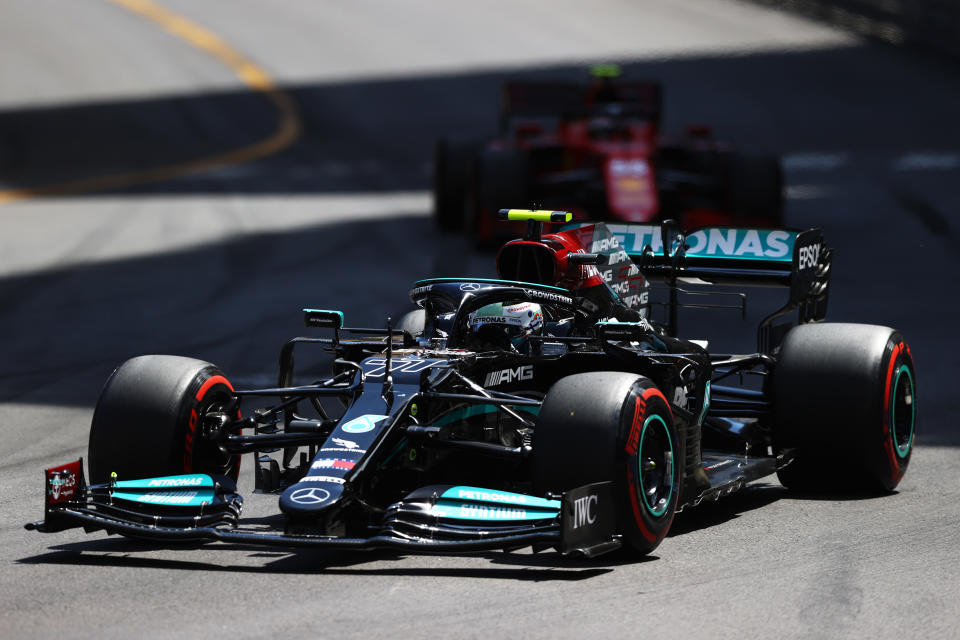 MONTE-CARLO, MONACO - MAY 23: Valtteri Bottas of Finland driving the (77) Mercedes AMG Petronas F1 Team Mercedes W12 on track during the F1 Grand Prix of Monaco at Circuit de Monaco on May 23, 2021 in Monte-Carlo, Monaco. (Photo by Bryn Lennon/Getty Images)