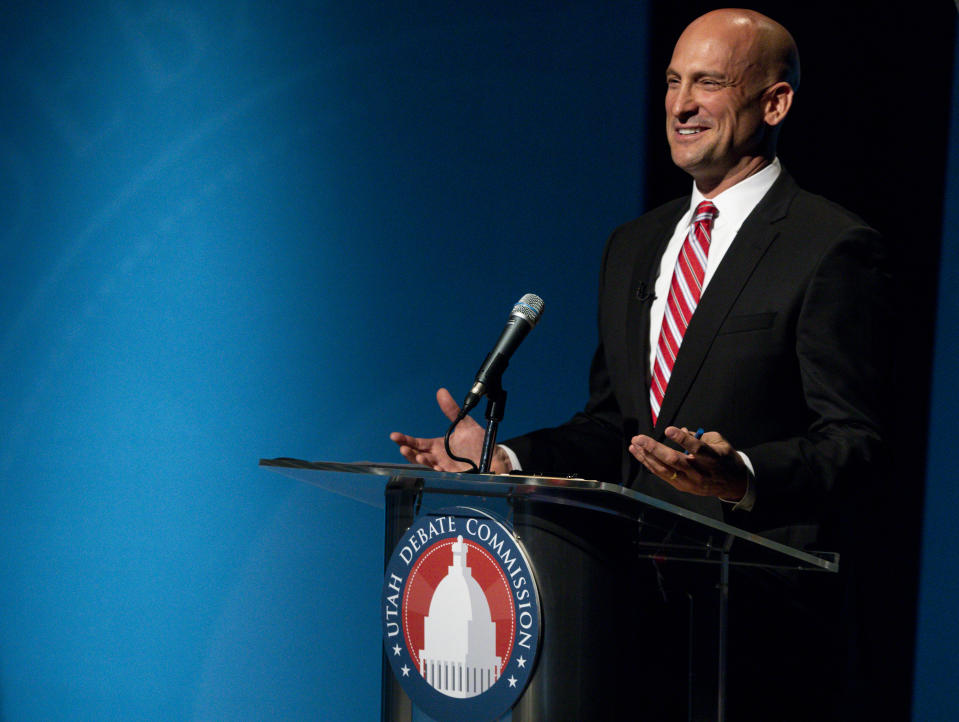 In this Monday, June 1, 2020, photo, former Utah GOP Chairman Thomas Wright speaks during the Utah Gubernatorial Republican Primary Debate in Salt Lake City. (Ivy Ceballo/Deseret News, via AP, Pool)