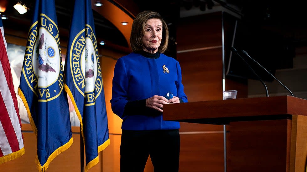 Speaker Nancy Pelosi (D-Calif.) leaves her weekly press conference on Thursday, December 2, 2021.