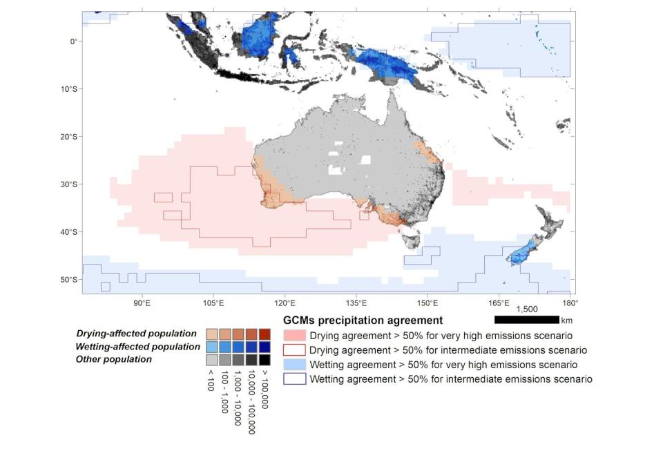 Australasian regions where most global models agree on future drier and wetter patterns under elevated emissions. Southwestern Australia and parts of the south and east coasts may experience a drier future under very high emissions (shaded red). When moderate emissions are considered, the affected region is reduced (red contours). Author provided