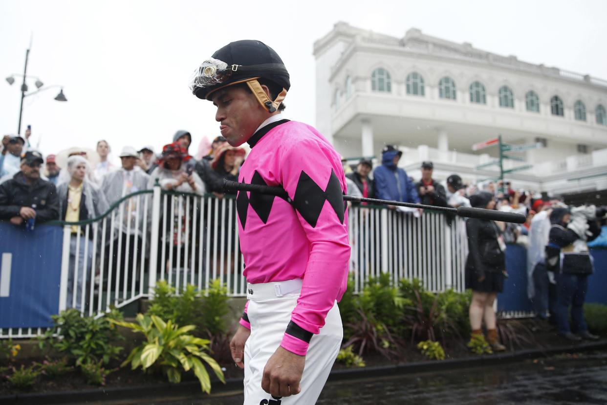 LOUISVILLE, KENTUCKY - MAY 04: Luis Saez, jockey of Maximum Security #7, looks on prior to the 145th running of the Kentucky Derby at Churchill Downs on May 04, 2019 in Louisville, Kentucky. (Photo by Michael Reaves/Getty Images)