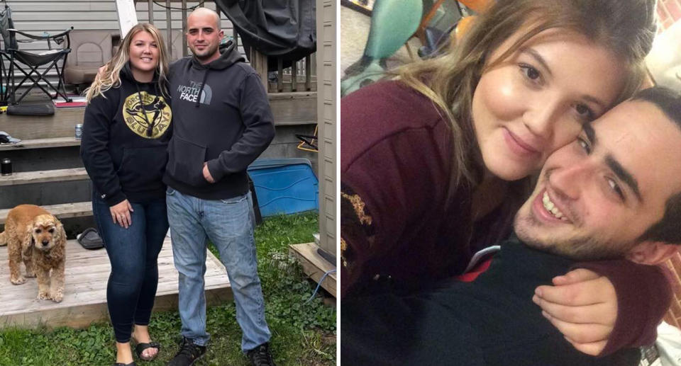 Two photos of couple Carissa MacDonald, 27, and Aaron Stone, 28, were shot dead by their landlord following a dispute Hamilton Police in Ontario are investigating further. 