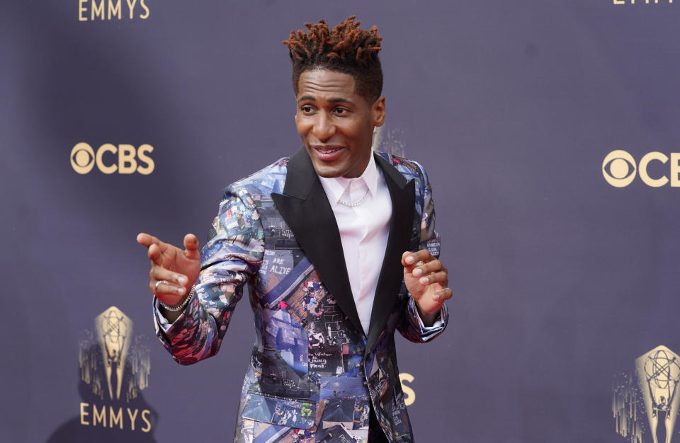 Jon Batiste arrives at the 73rd Primetime Emmy Awards on Sunday, Sept. 19, 2021, at L.A. Live in Los Angeles. (AP Photo/Chris Pizzello)