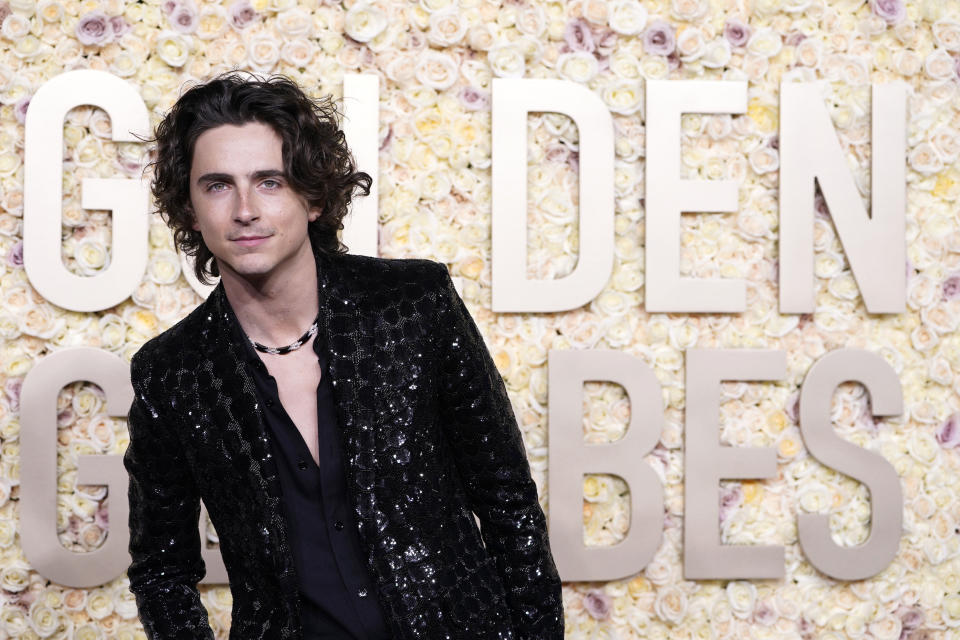 Timothee Chalamet arrives at the 81st Golden Globe Awards on Sunday, Jan. 7, 2024, at the Beverly Hilton in Beverly Hills, Calif. (Photo by Jordan Strauss/Invision/AP)