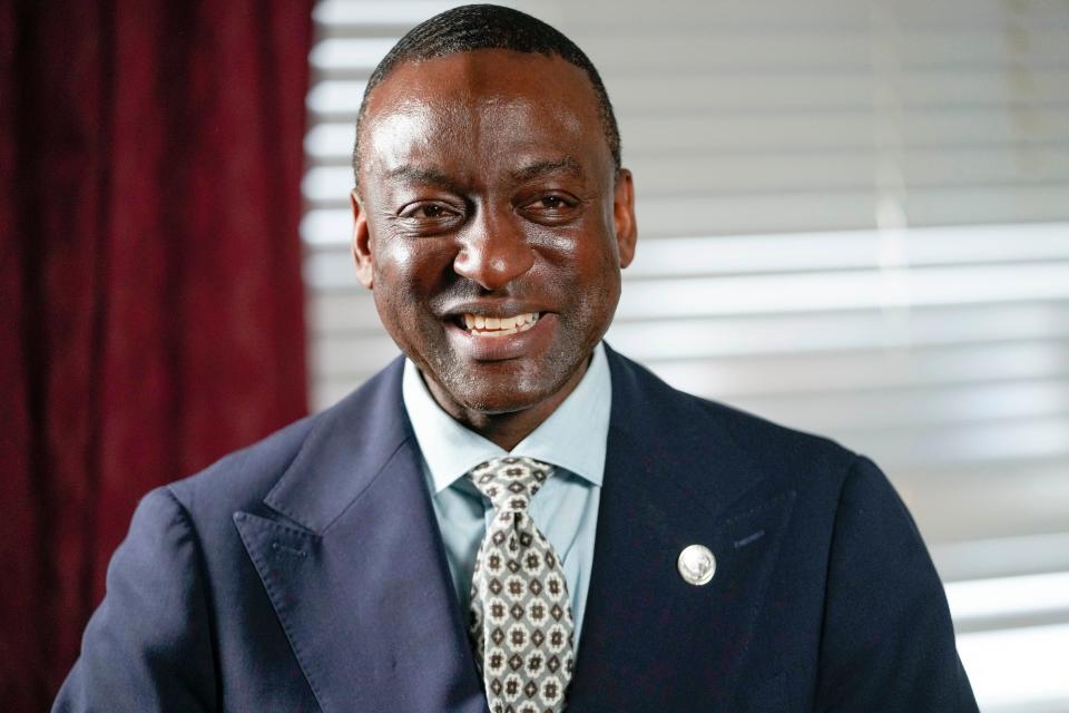 New York City Council candidate Yusef Salaam smiles during an interview with The Associated Press, Wednesday, May 24, 2023, in New York. Salaam is one of three candidates in a competitive June 27 Democratic primary. With early voting already begun, he faces two seasoned political veterans: New York Assembly members Al Taylor, 65, and Inez Dickens, 73, who previously represented Harlem on the City Council. (AP Photo/Mary Altaffer)